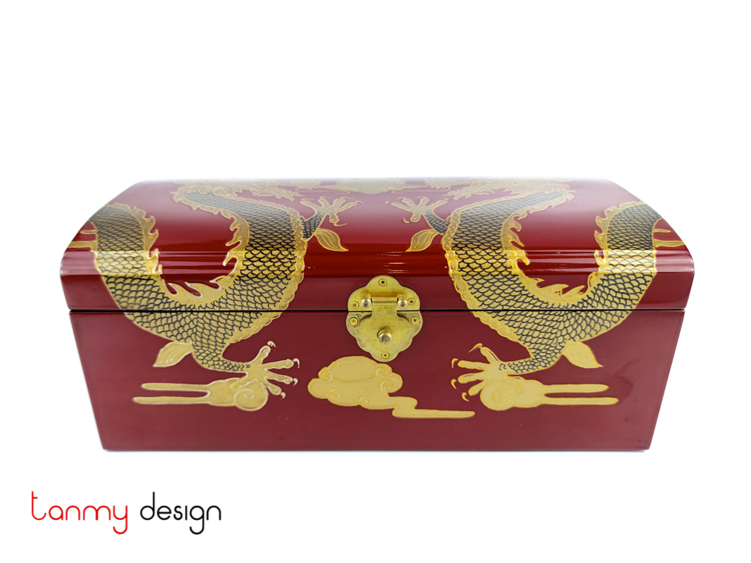 Red rectangle lacquer box, cambered lid hand-painted with dragon 18*35 cm