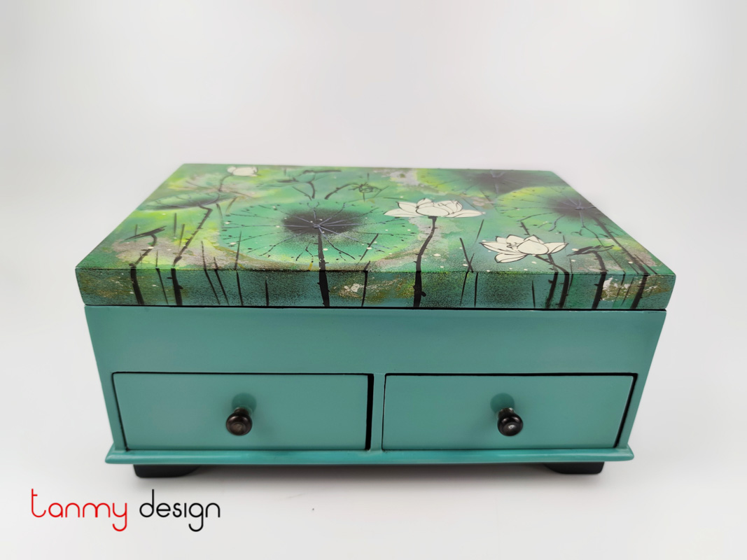 Blue rectangular lacquer cabinet with 2 small drawers hand-painted with lotus pond 20*30*H14cm