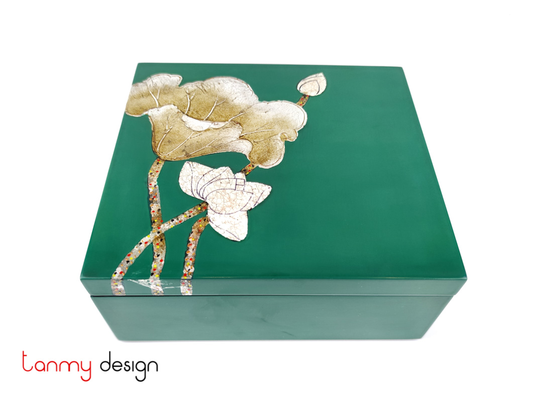 Green square lacquer box hand painted with lotus 20*22*H8cm