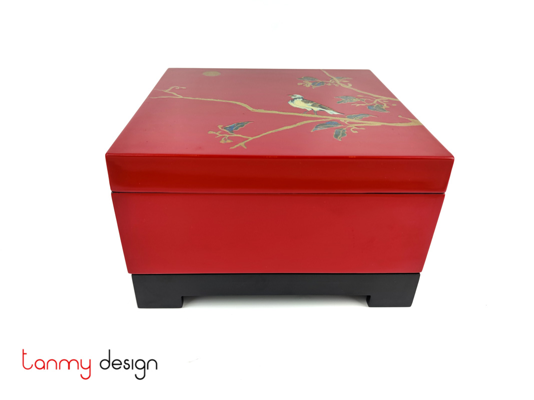 Red square lacquer box hand painted with bird on the branch included with stand 25 cm