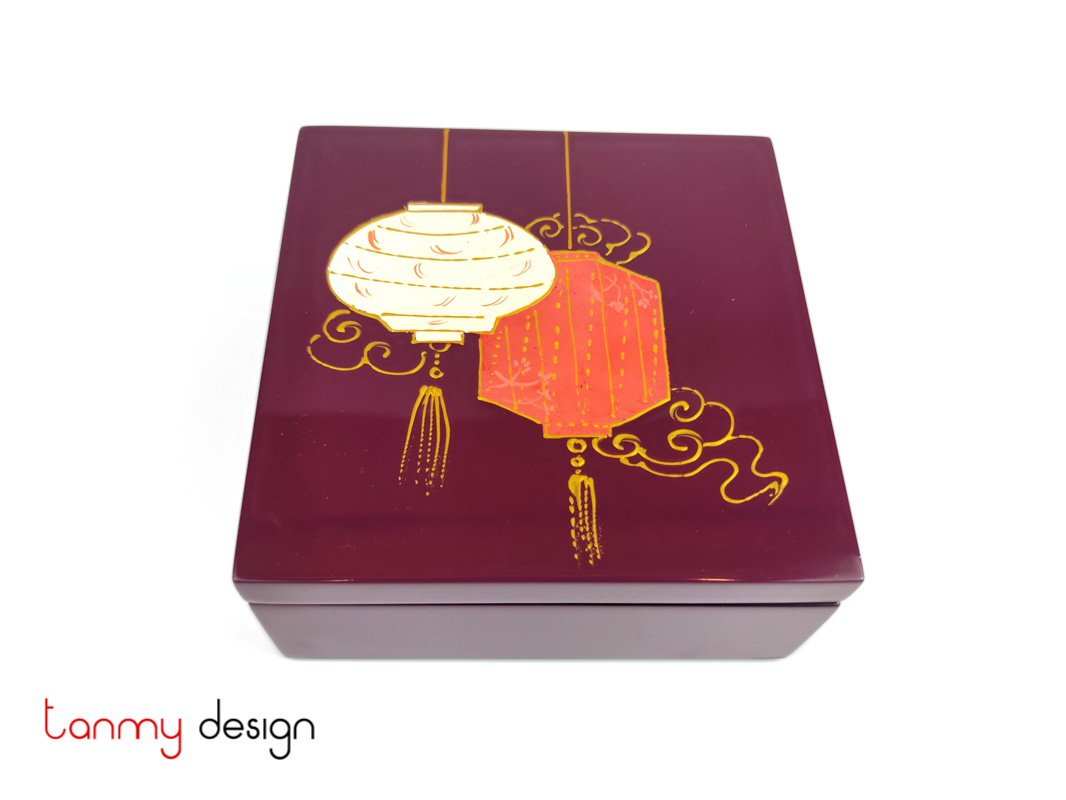 Purple square lacquer box hand-painted with lanterns 15*H6 cm
