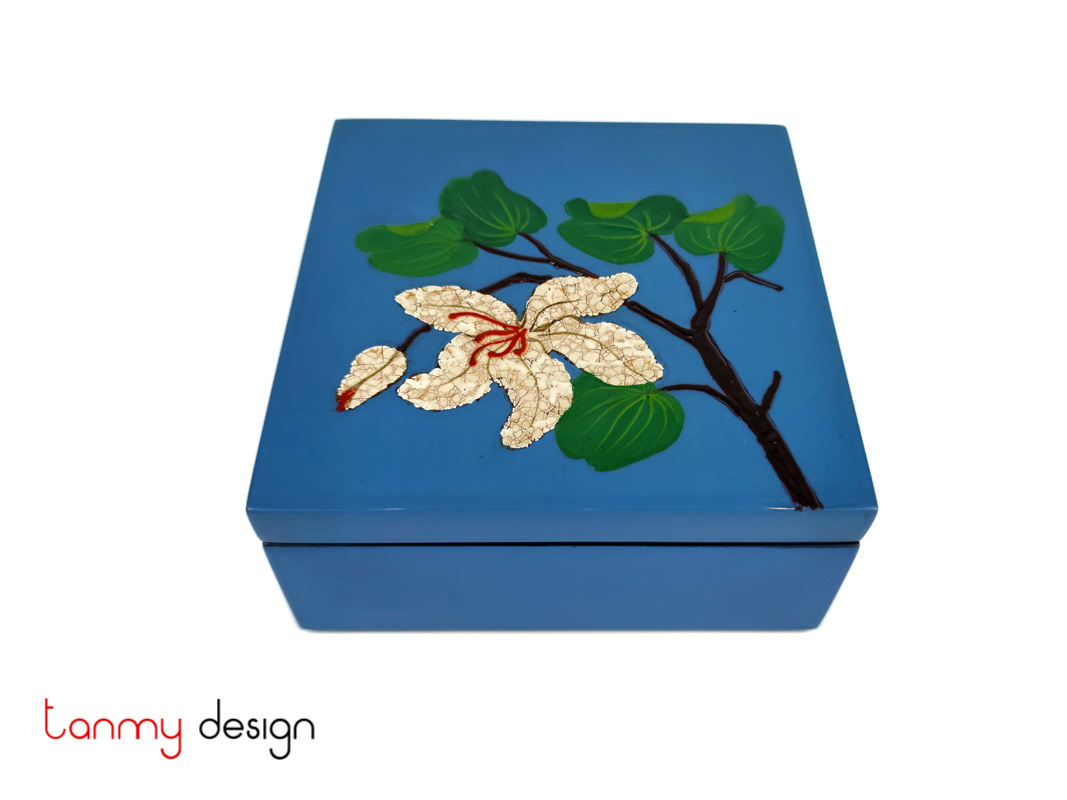 Blue square lacquer box hand painted with eggshell Ban flower 15*H6 cm