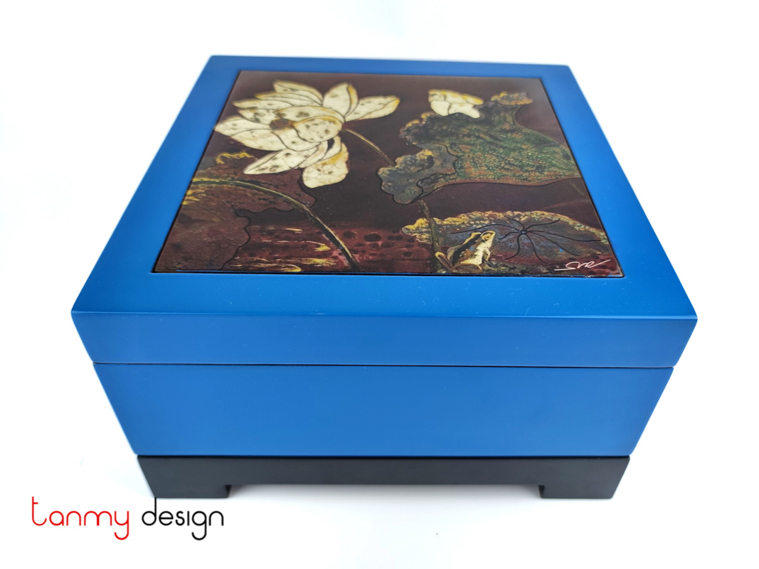 Blue square lacquer box attached with lotus lacquer painting included with stand 25xH10 cm