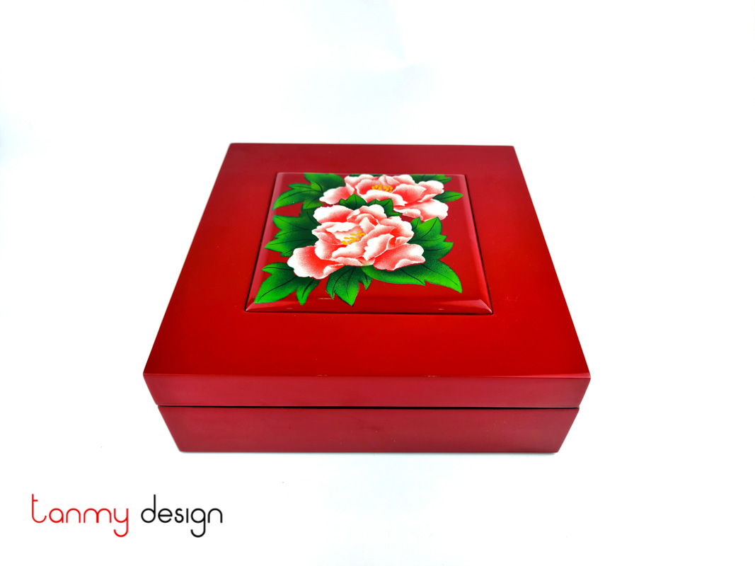 Red square lacquer box with convex lid with hand-painted peony 25 cm