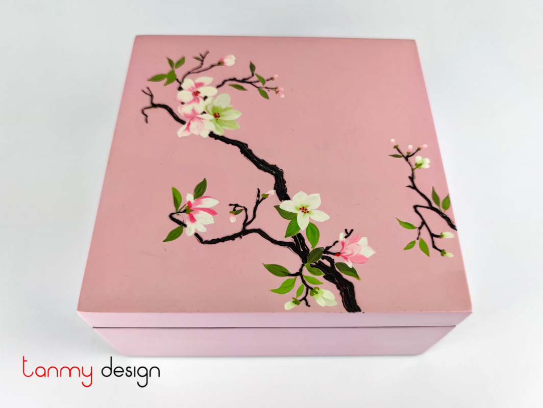 Pink square lacquer box hand-painted with plum flower  20*H8cm