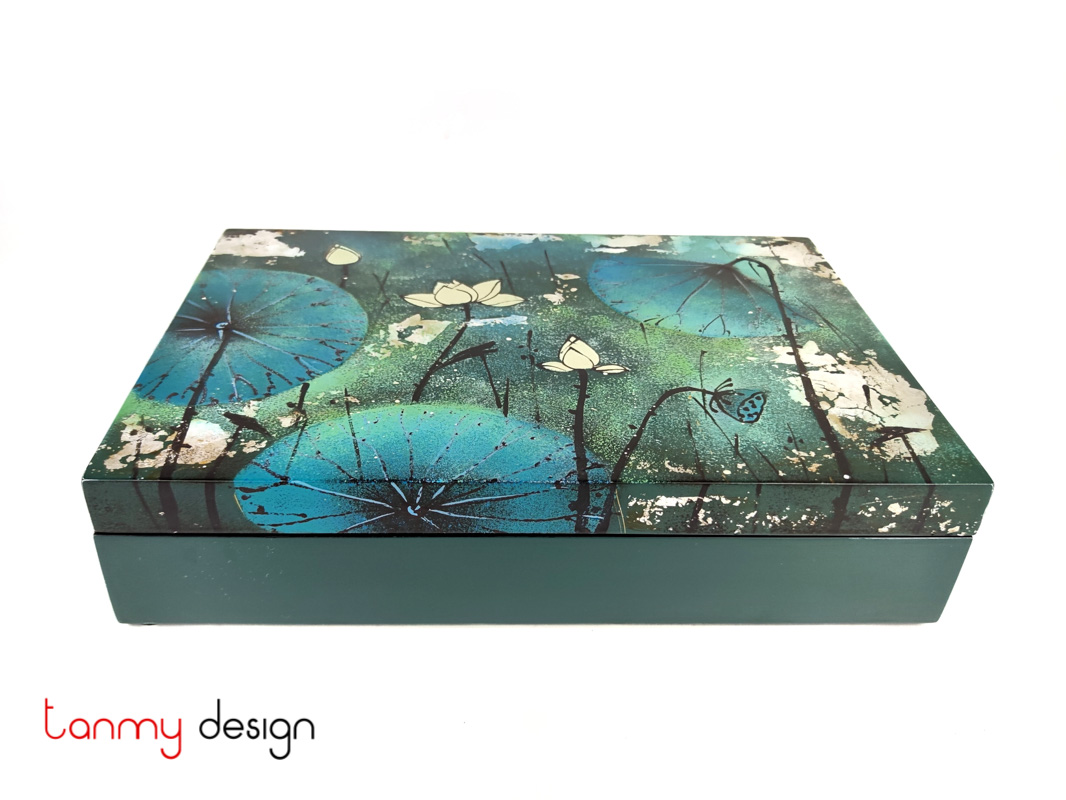 Rectangle lacquer box hand-painted with lotus pond 19*29*H6 cm