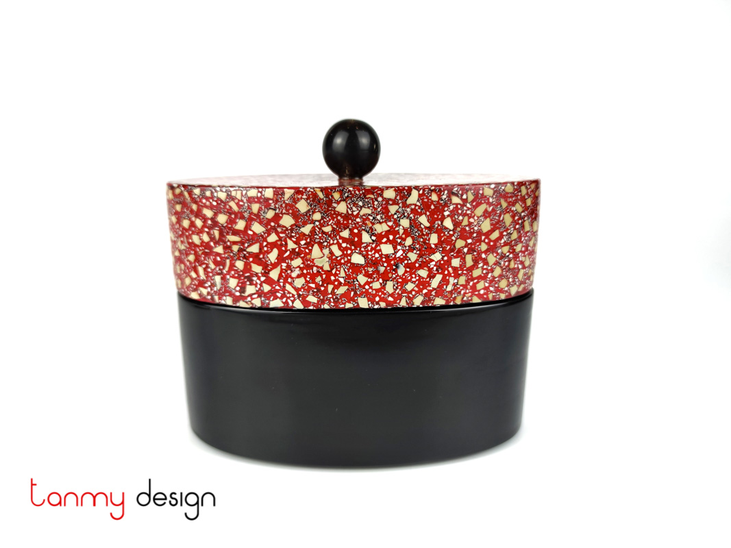 Oval black lacquer box with eggshell details, red cap/Size L