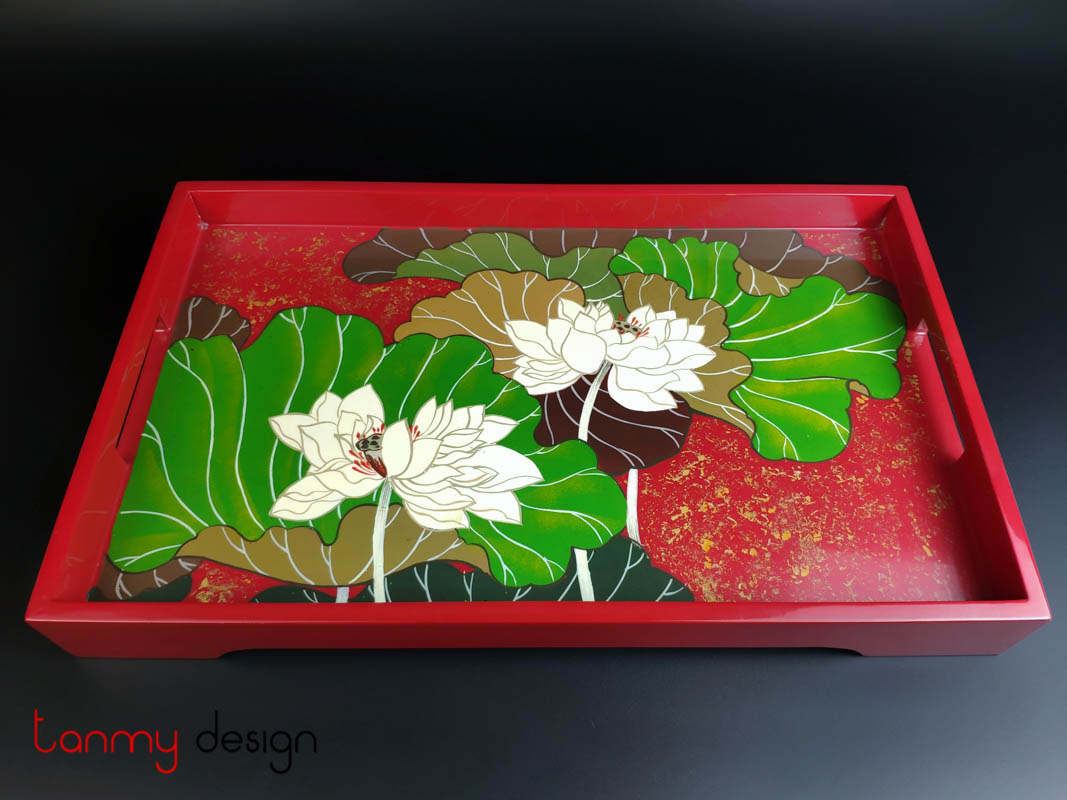 Rectangle lacquer tray with hand painted lotus pond 28*45cm