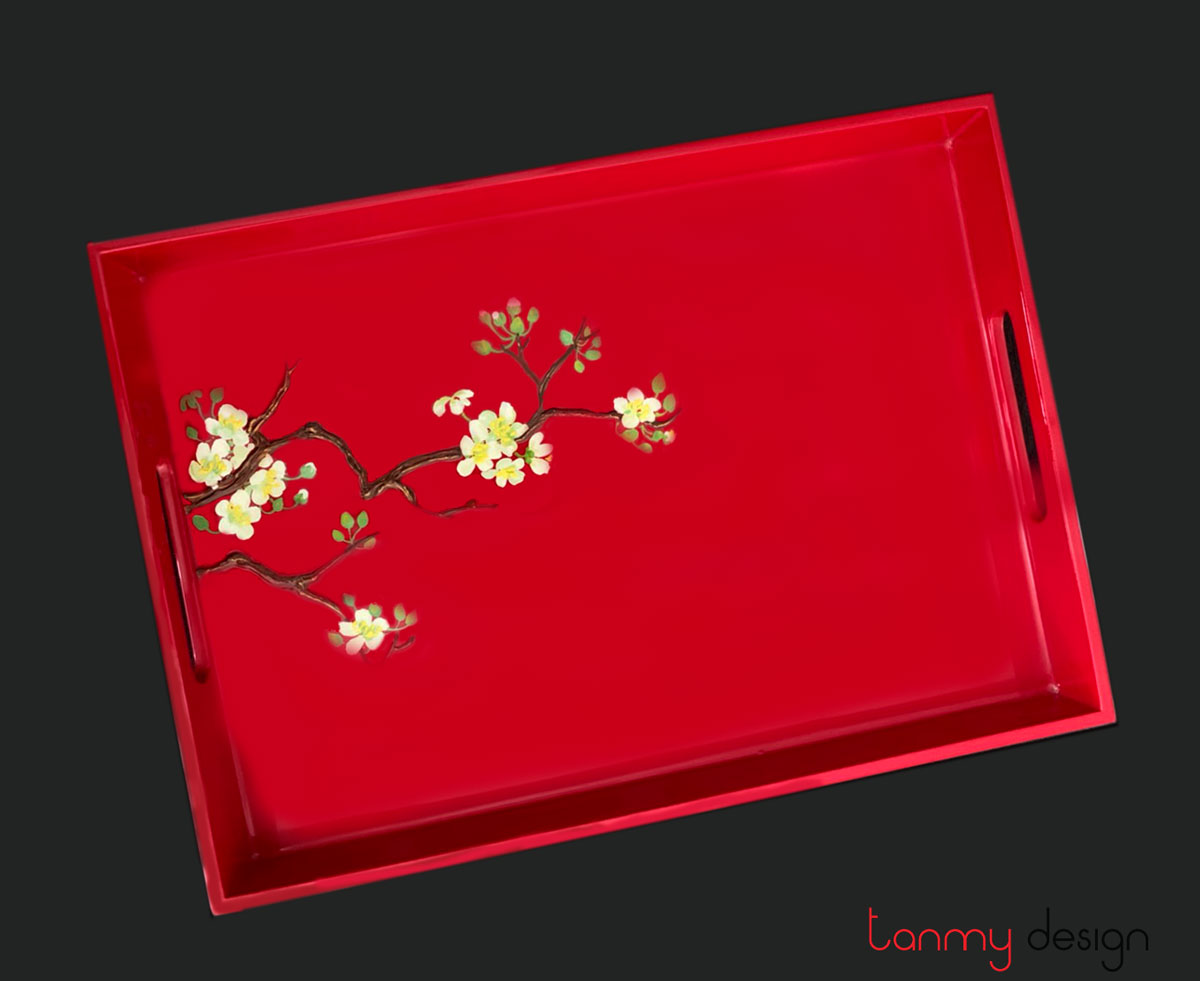 Rectangle red lacquer tray with hand painted apricot blossom 25x35 cm