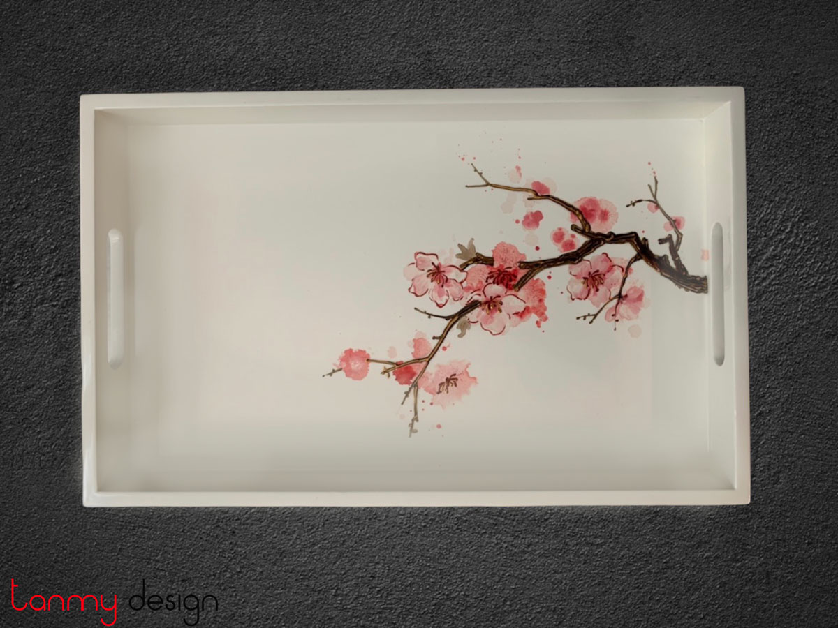 Rectangle white lacquer tray with hand painted peach blossom 25x40 cm