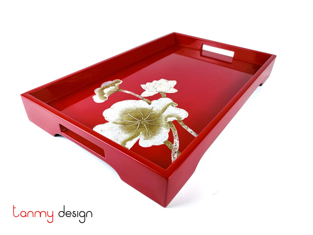 Rectangular lacquer tray with hand-painted lotus 28*45cm