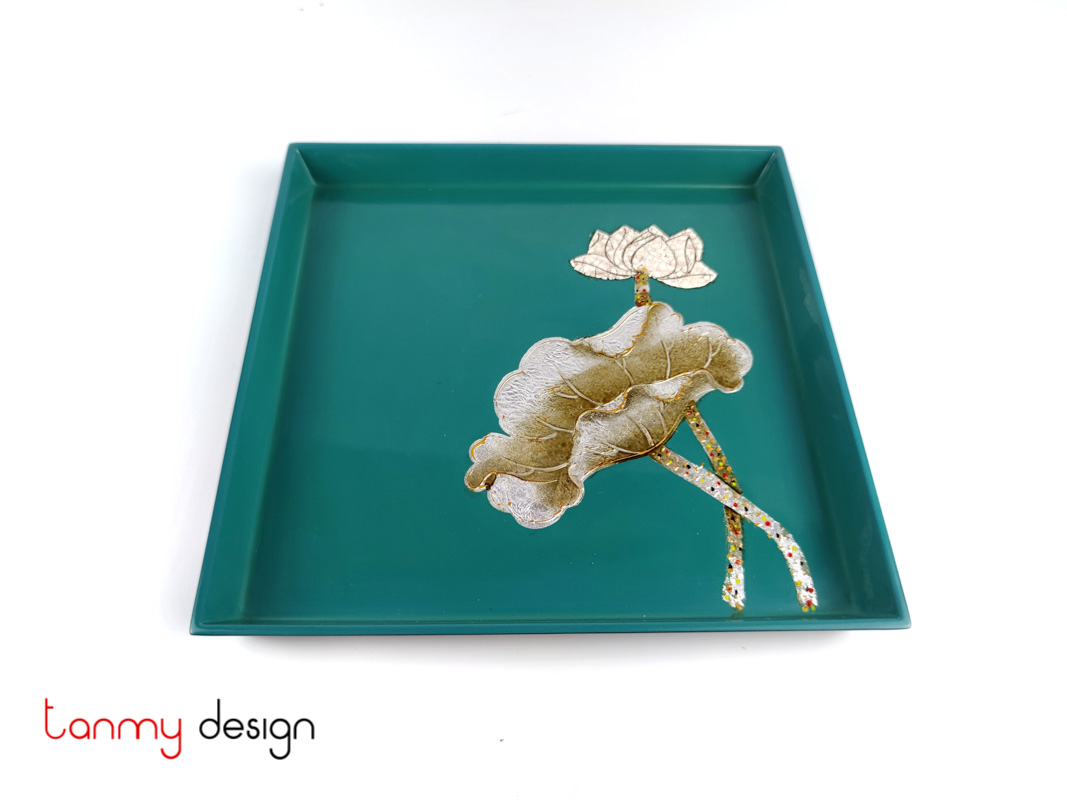 Small blue square lacquer tray hand-painted with lotus 22 cm