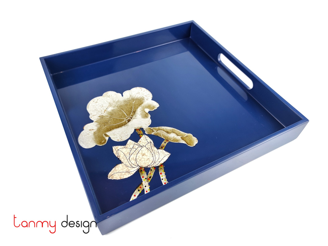Blue square lacquer tray hand-painted with lotus 30 cm