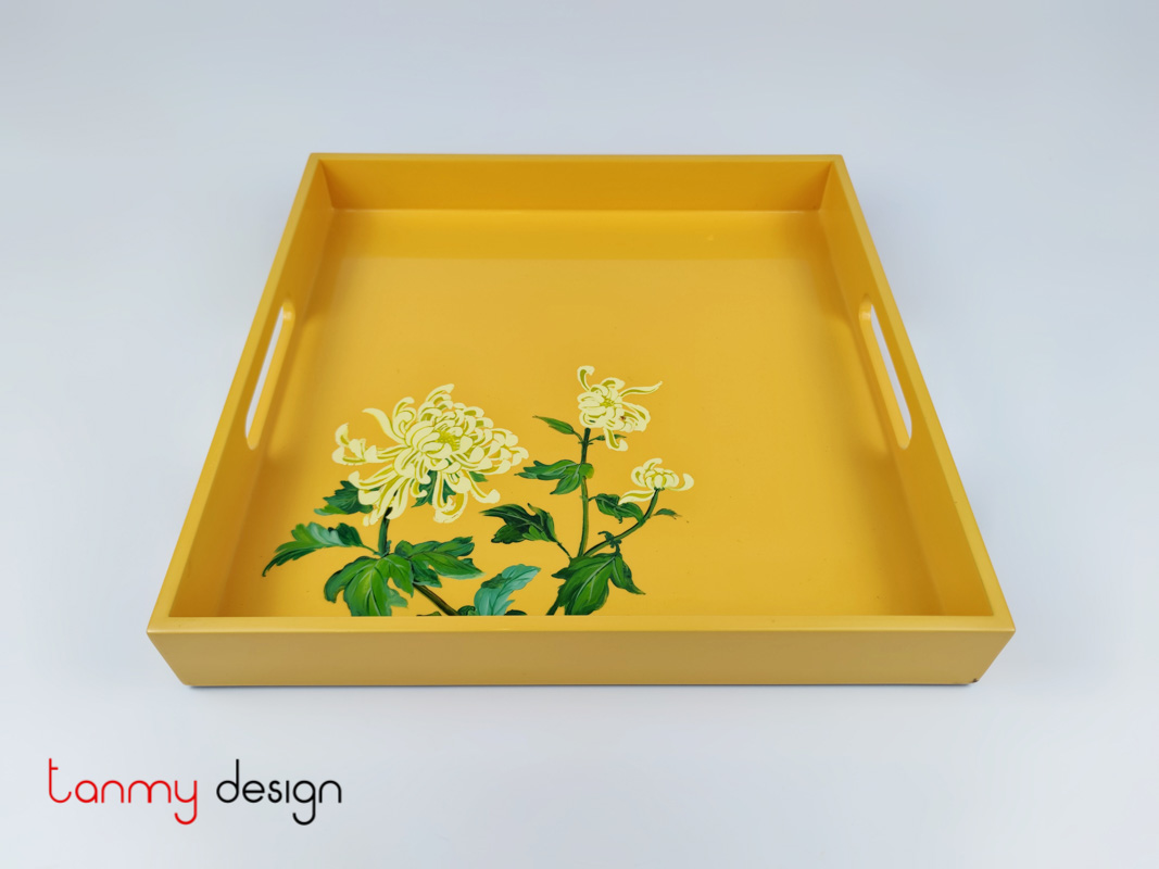 Yellow square lacquer tray hand-painted with chrysanthemum 30cm