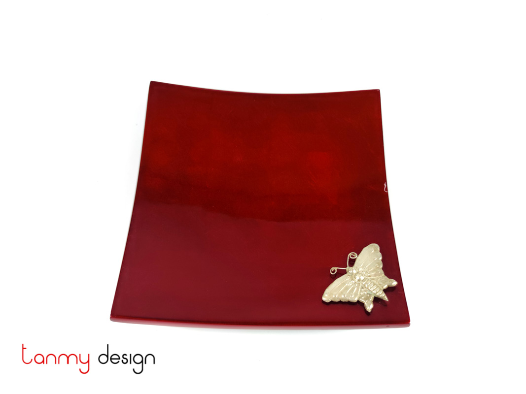 Red square lacquer tray attached with butterfly 18 cm