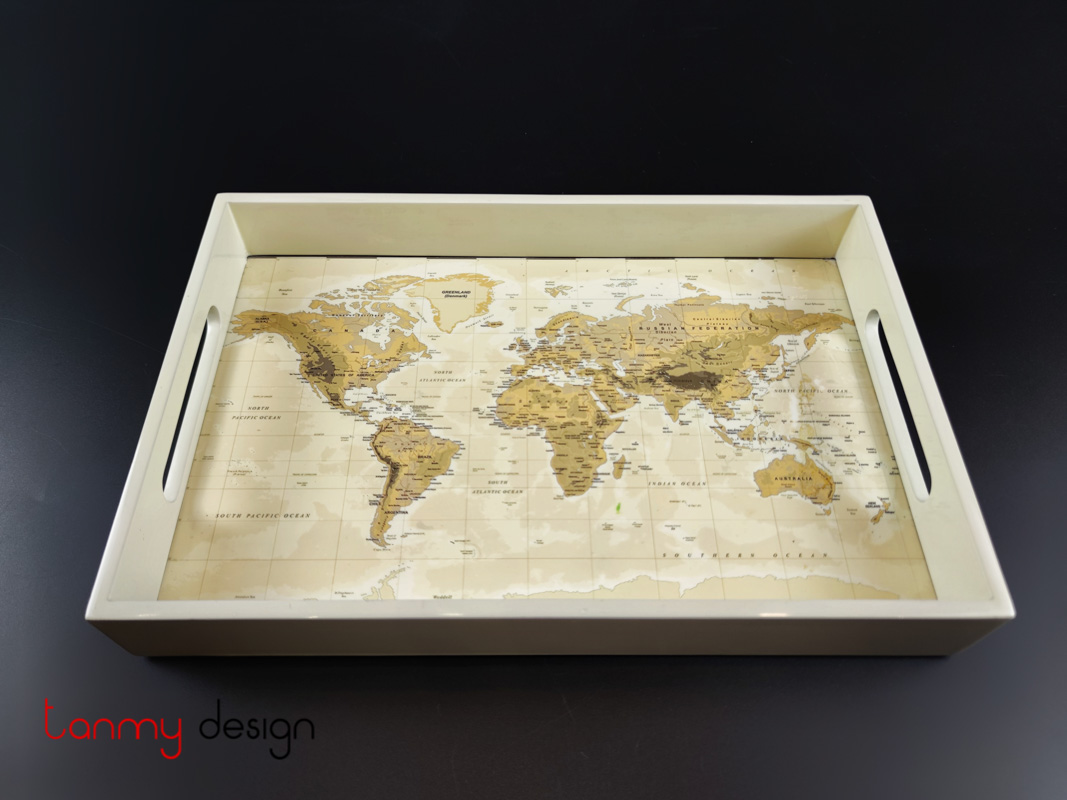 Cream rectangular lacquer tray with map pattern 19*30 cm