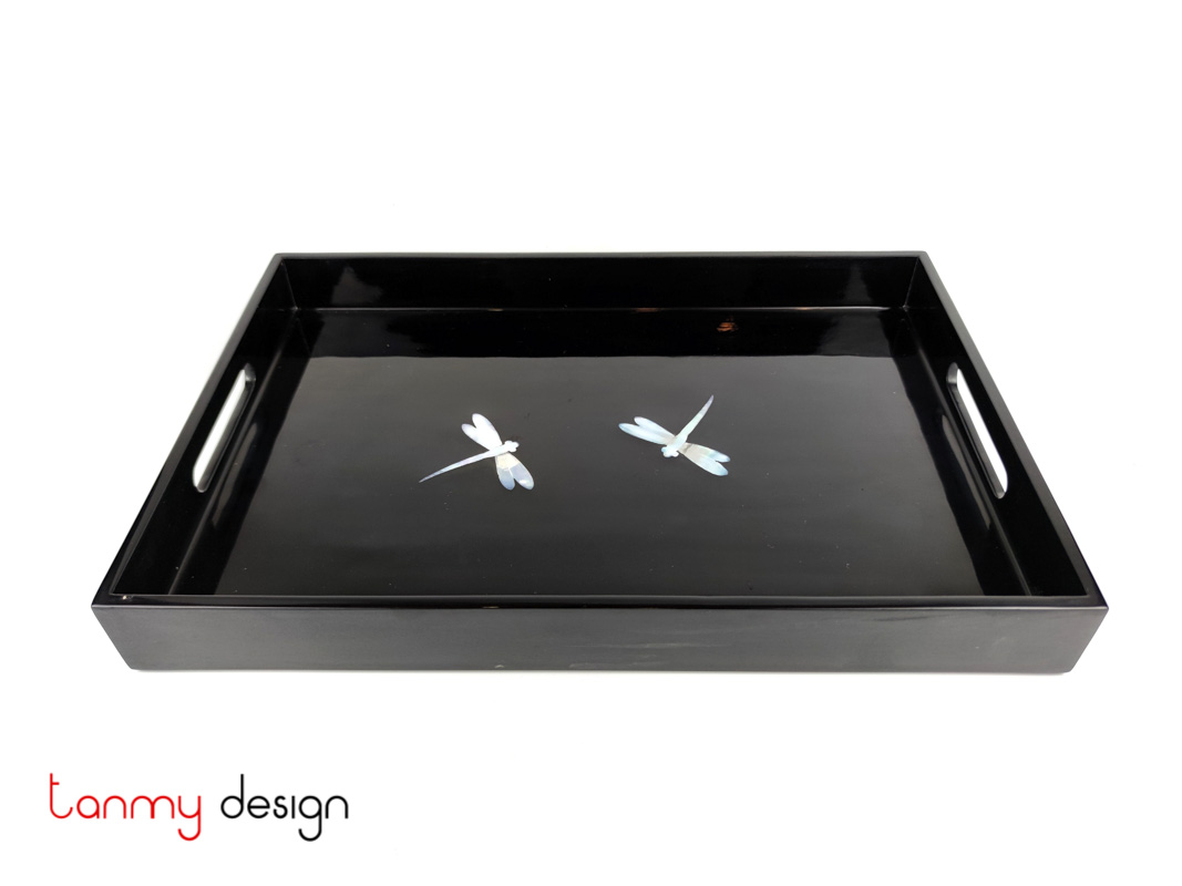 Black rectangle lacquer tray attached with pearl dragonfly 25*37 cm