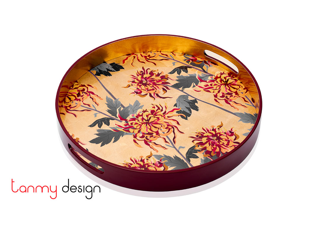 Round lacquer tray with chrysanthemum pattern D35*4,5 cm