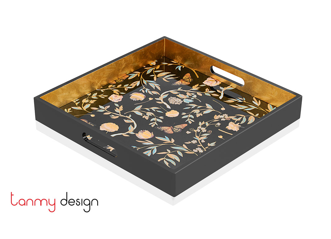 Black square lacquer tray with flower and butterfly pattern 40*40*4.5 cm