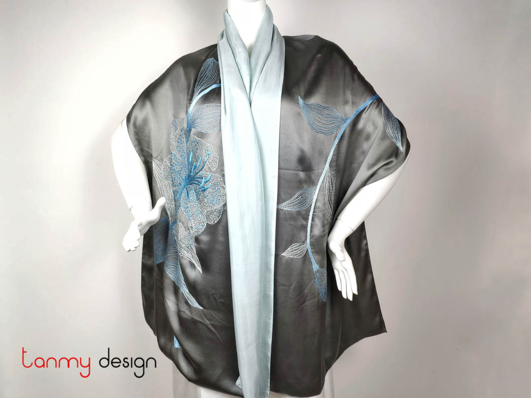 Grey silk scarf with embroidery of Lily