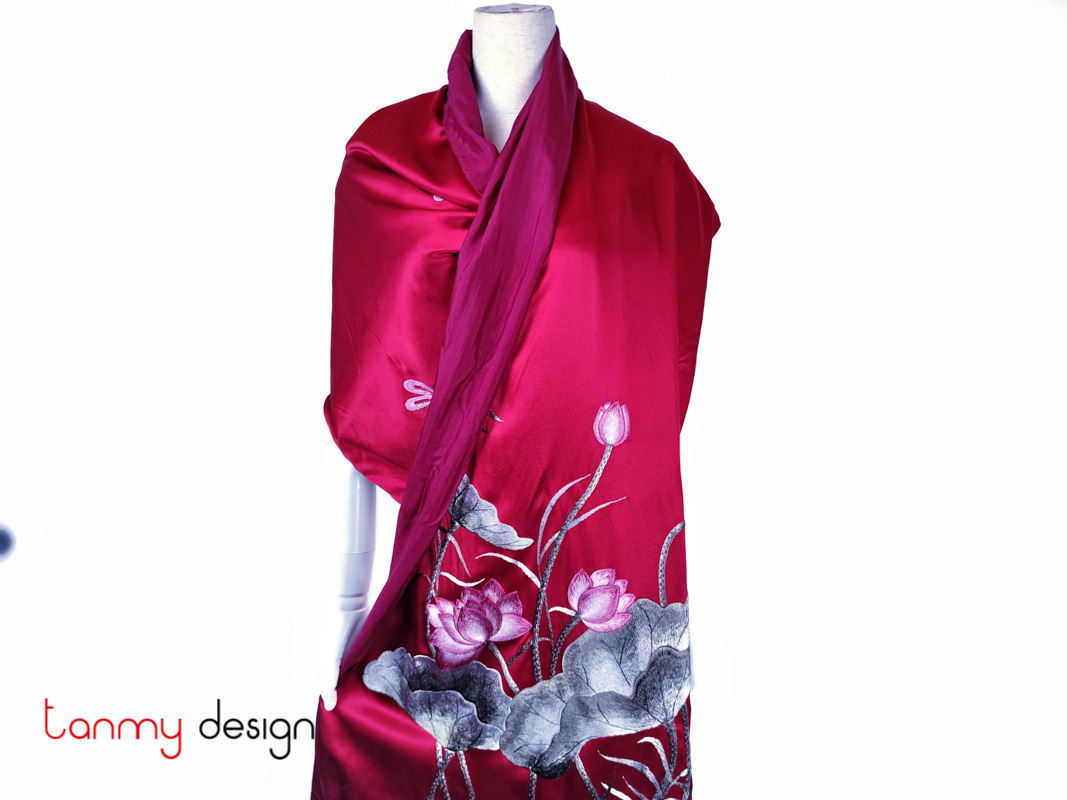 Red silk scarf hand-embroidered with lotus 53*200 cm