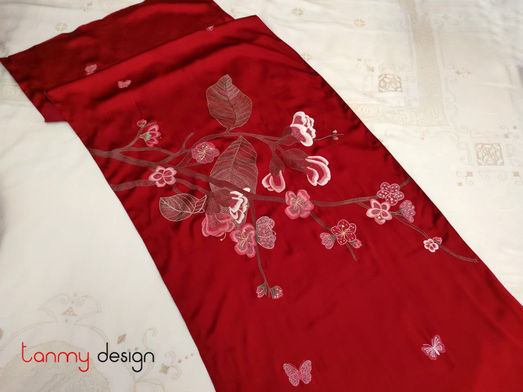 Red silk scarf hand-embroidered with peach orchids 60*200 cm