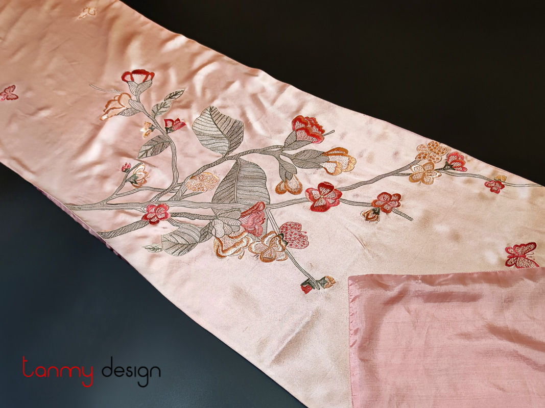 Pink silk scarf hand-embroidered with orchids 40*200 cm