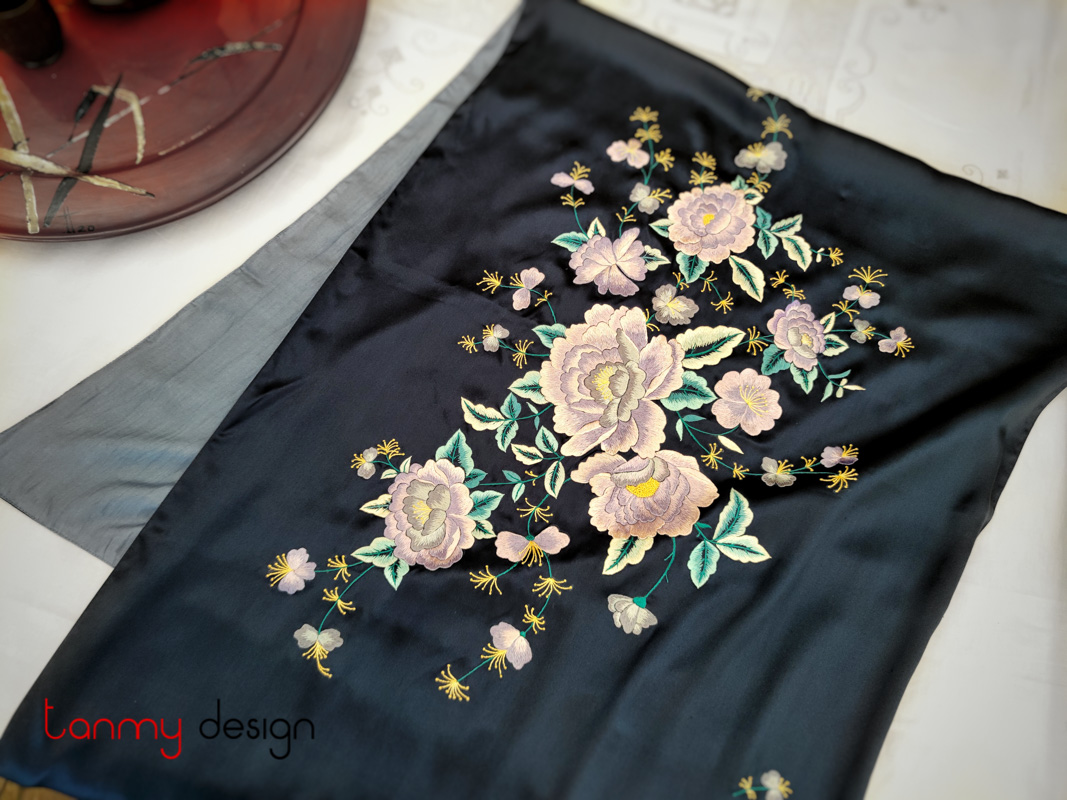 Dark blue silk scarf hand-embroidered with peony 60*200 cm