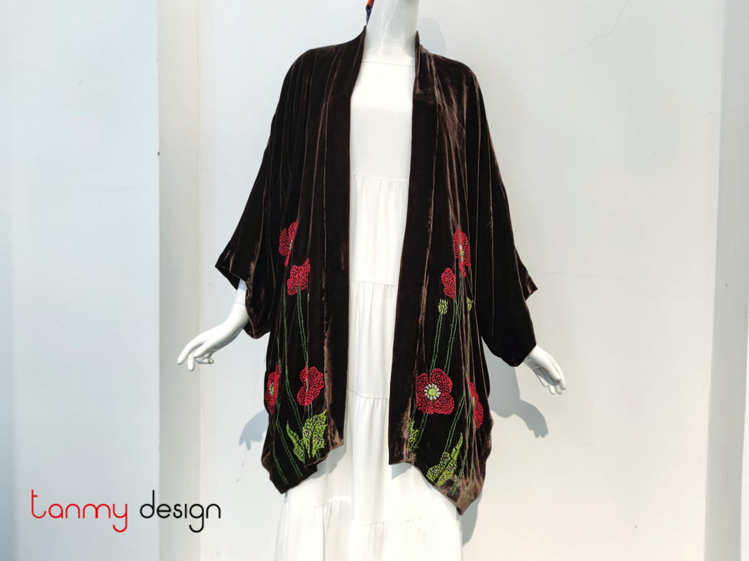 Brown velvet coat embroidered with poppies