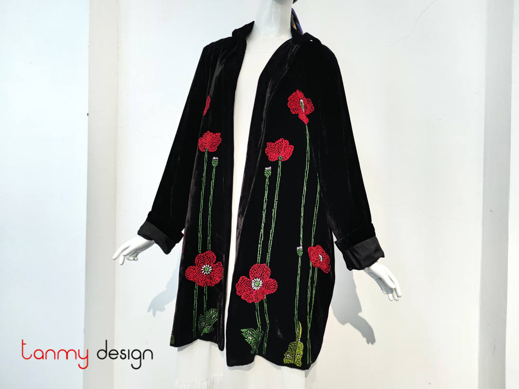 Black velvet coat embroidered with poppies