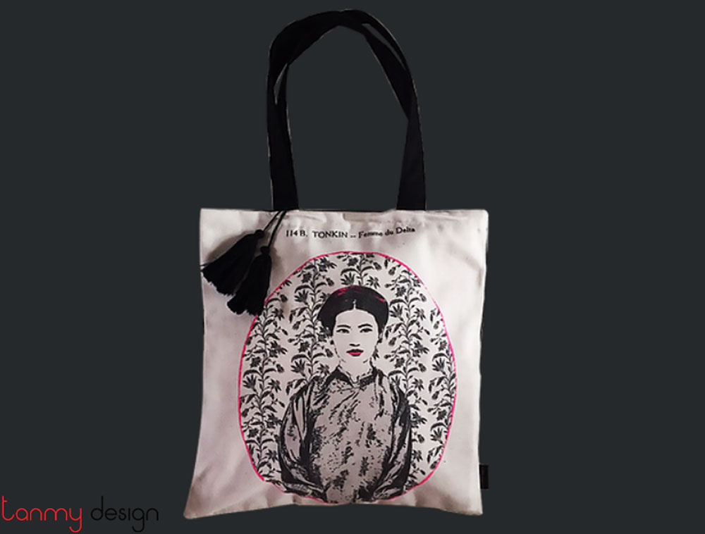 Tote linen bag printed with Vietnamese women-Miss Dung
