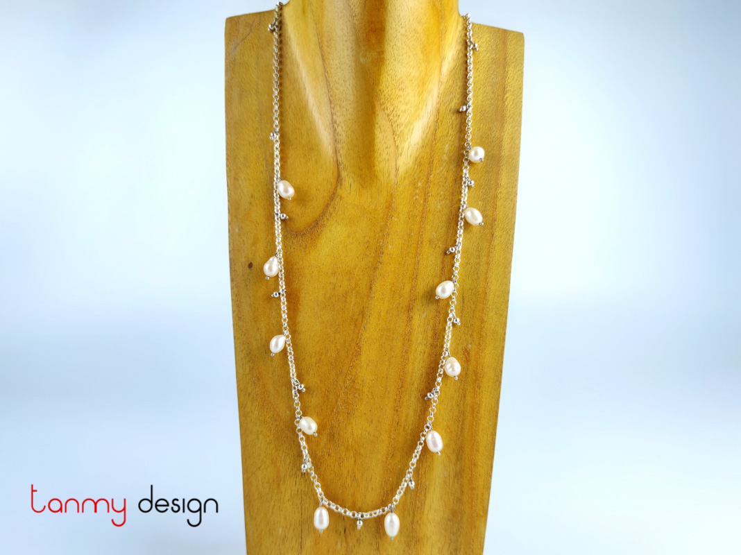 Silver chain necklace with pearls and silver beads 60 cm