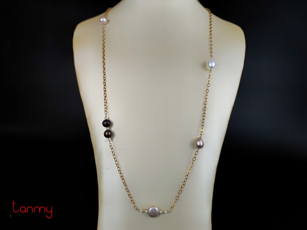 Long 9k gold chain necklace with various pearls  
