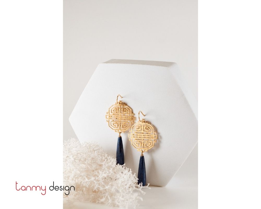 Hoa tai bạc mạ vàng hình cửa Hội An phối đá lapis lazuli
